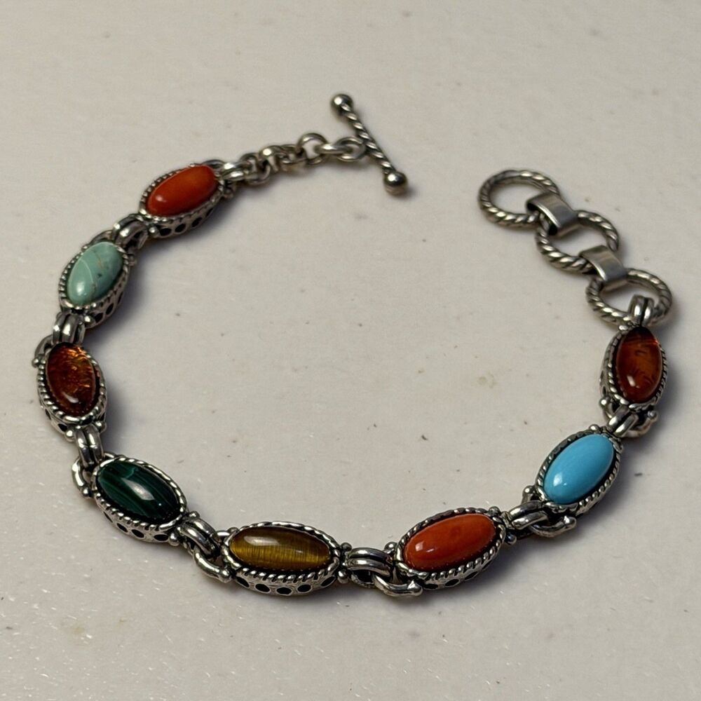 Vintage Southwestern Q.T. Multi Stone Sterling Silver Bracelet